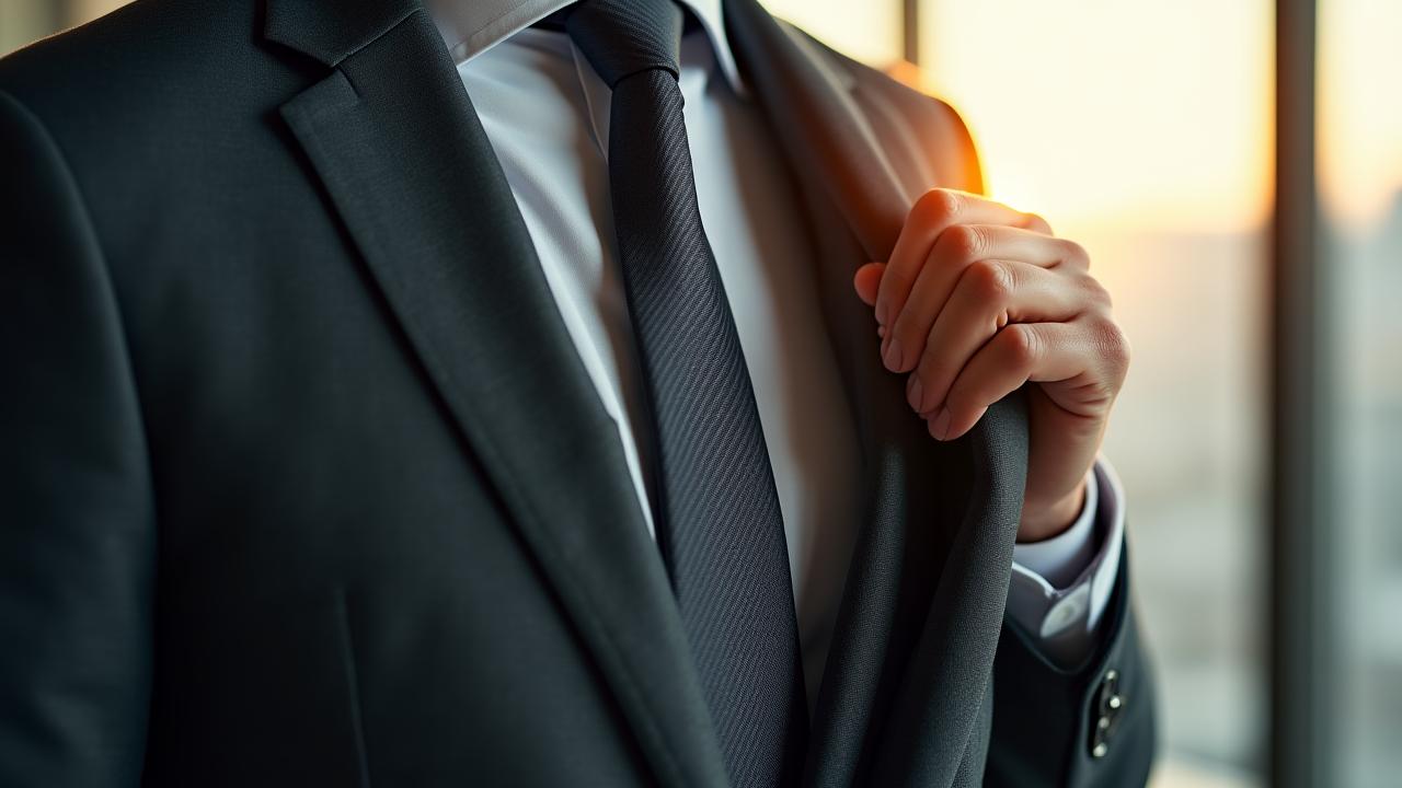 Executive holding a perfectly tailored charcoal suit jacket