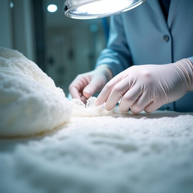 Technician examining silk fibers under soft lighting