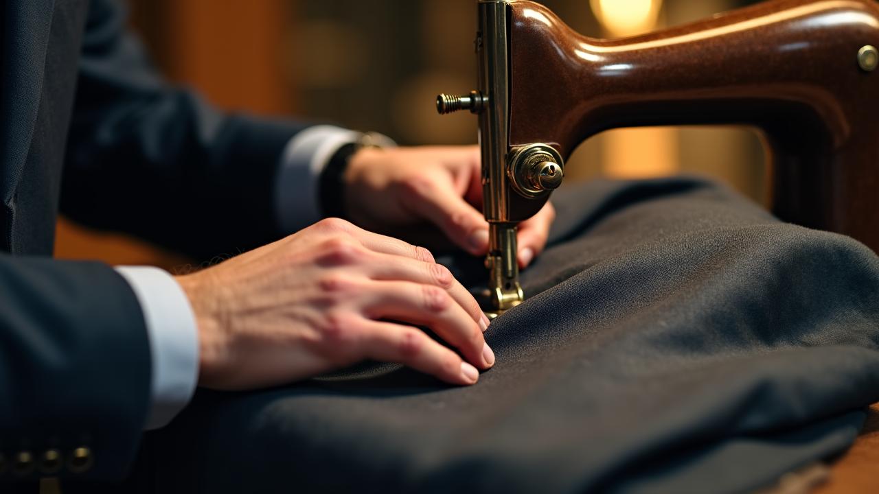Close up of professional tailoring work with needle and thread