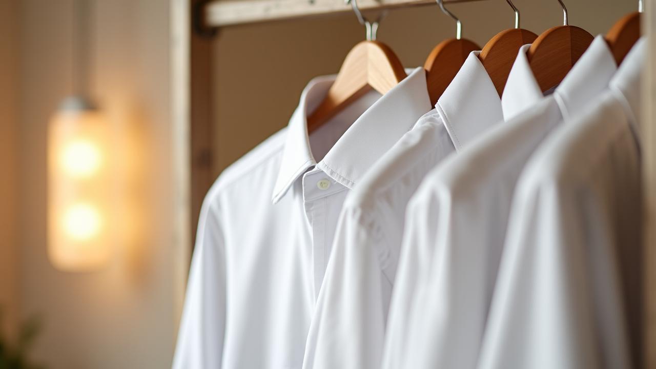 Professionally pressed white shirt hanging in a bright studio