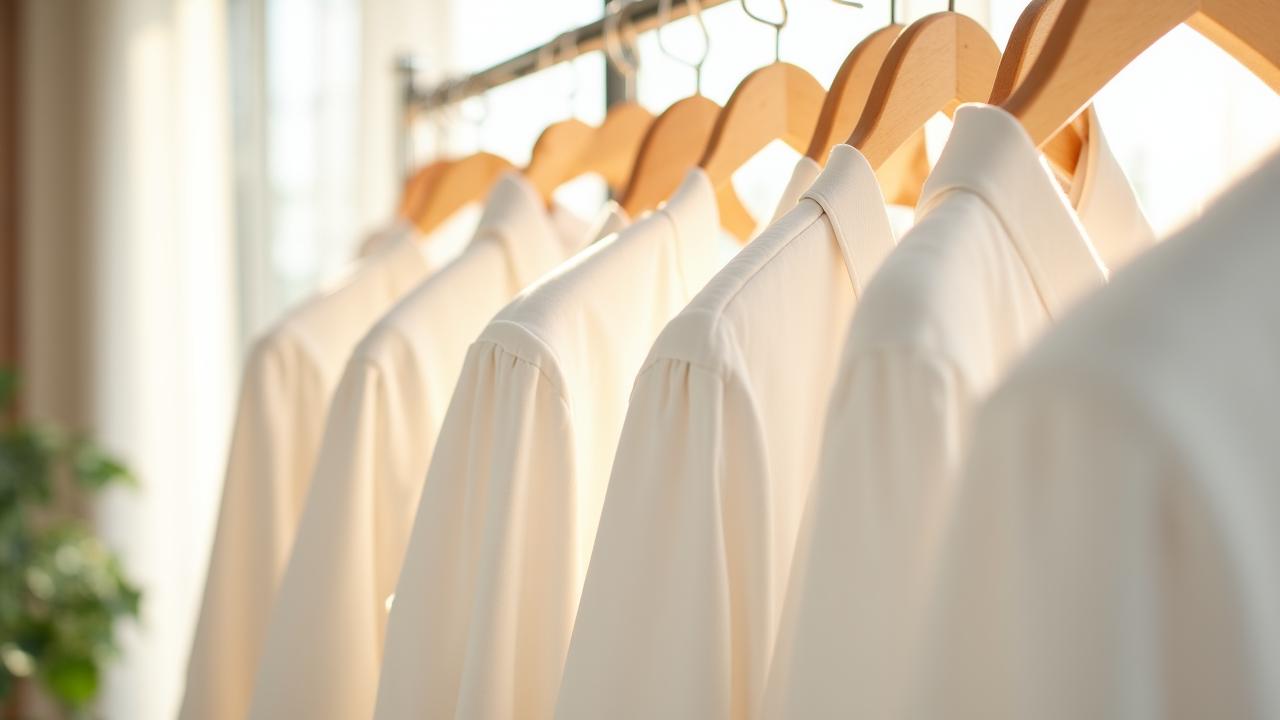 Freshly dry cleaned clothes hanging in a bright area
