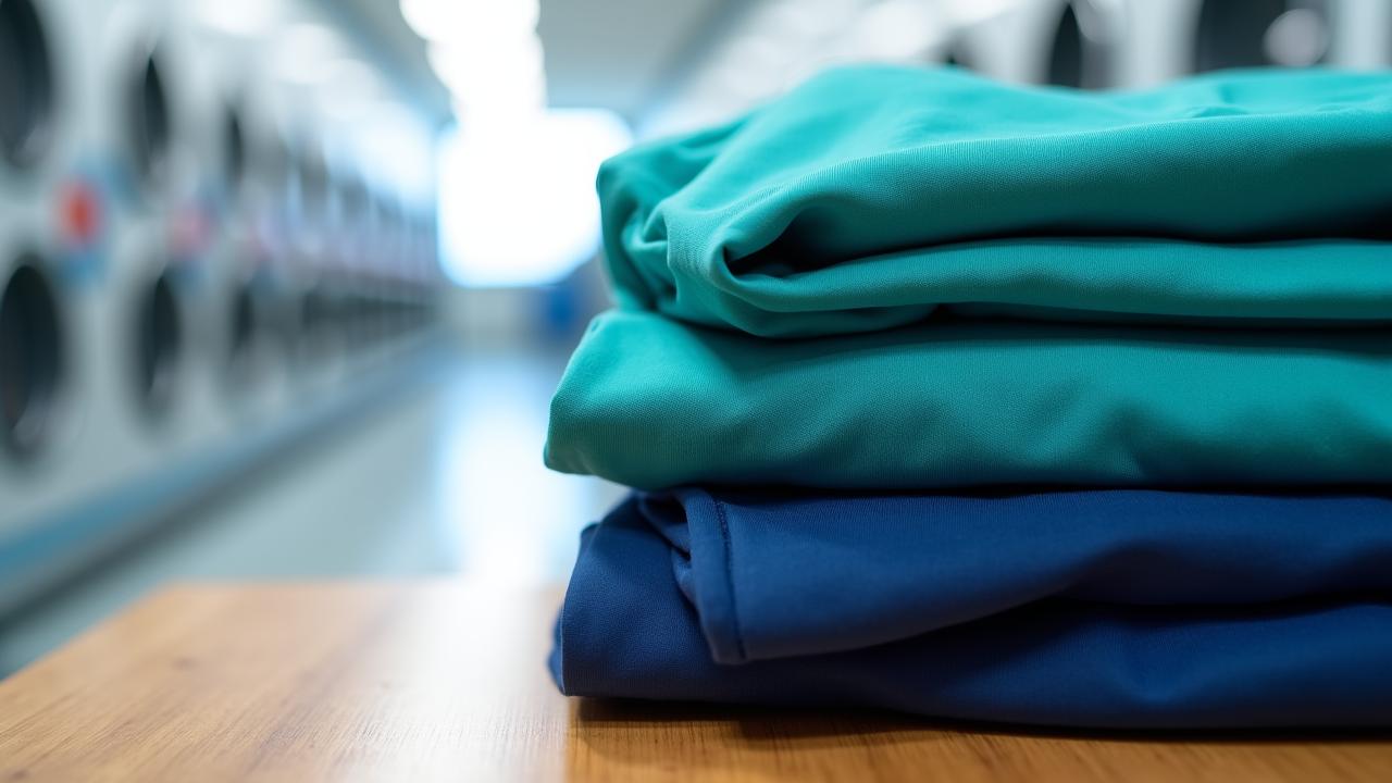 Professionally laundered healthcare scrubs in a stack