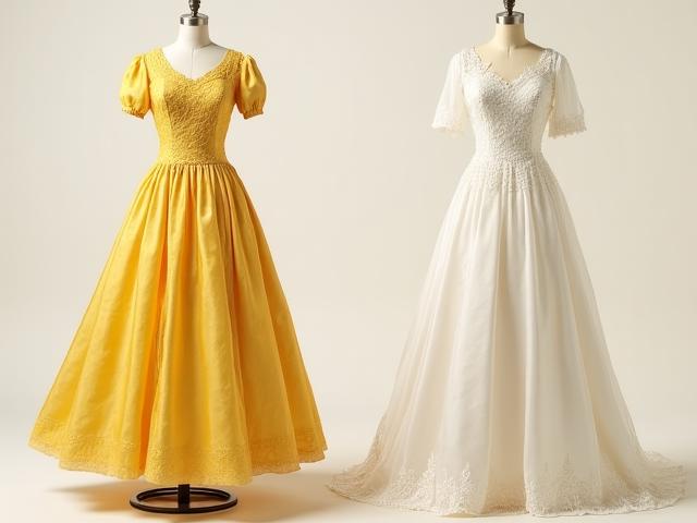 Side by side comparison of a yellowed vintage gown and its white, restored state