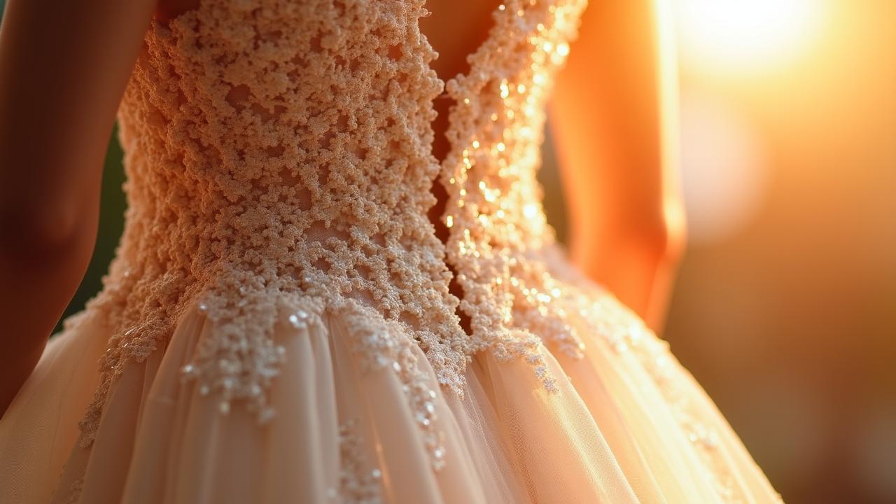 Close up of intricate lace and silk on a wedding gown
